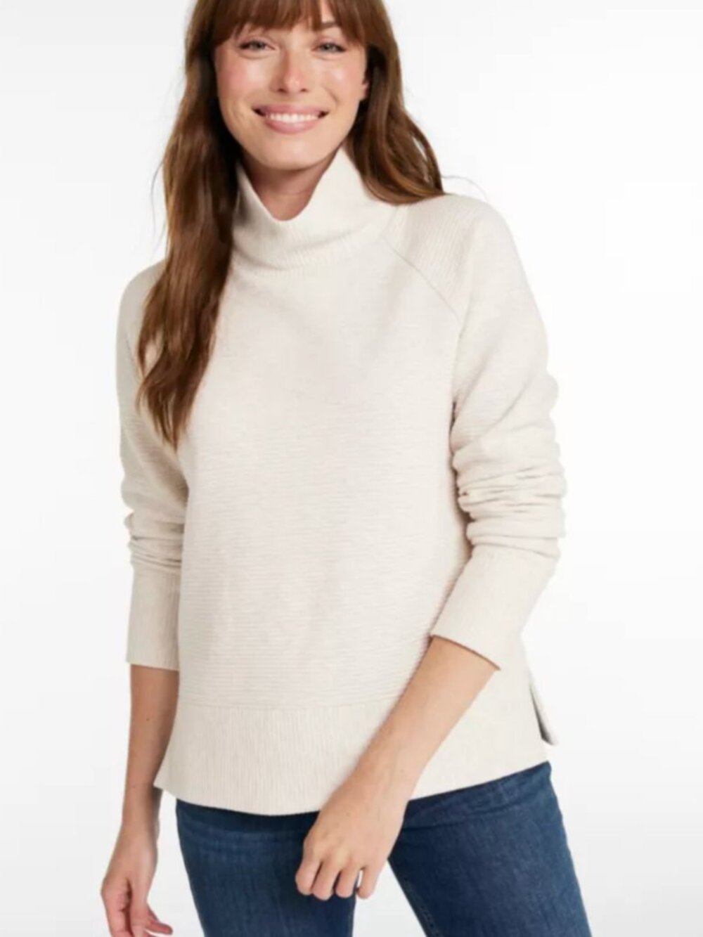 L.L.Bean Women's Lakewashed Double-Knit Funnelneck Sweatshirt M Oatmeal Heather